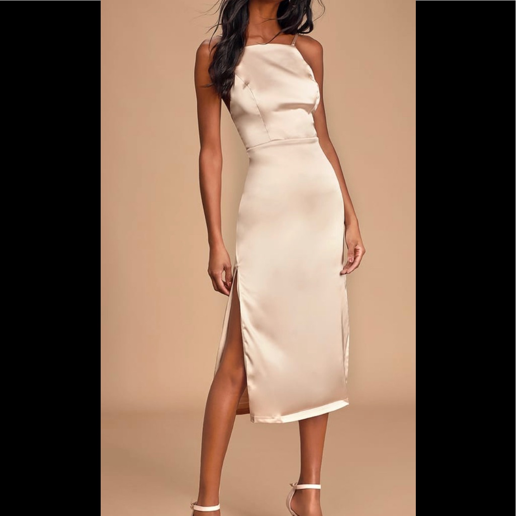 Lulus Kaisley Cream Satin Backless Midi Dress
